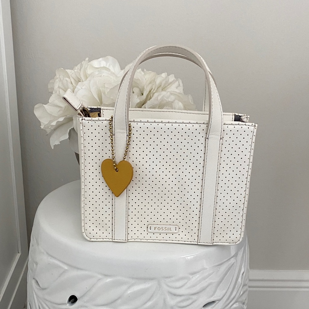 Fossil Cream Perforated Tote with Heart Charm